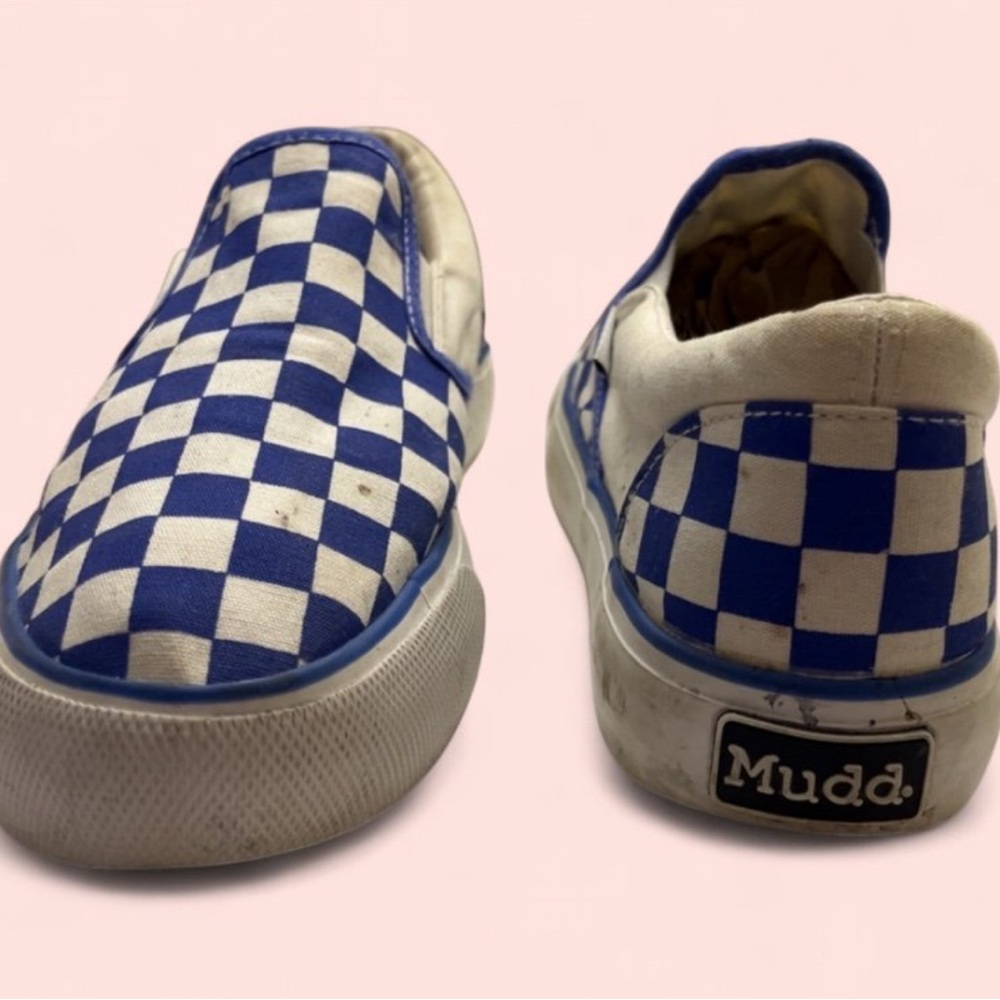 SOLD. Women’s Size 10 Mudd Blue White Canvas Checkered Slip On Skater Sneakers - Picture 3 of 8
